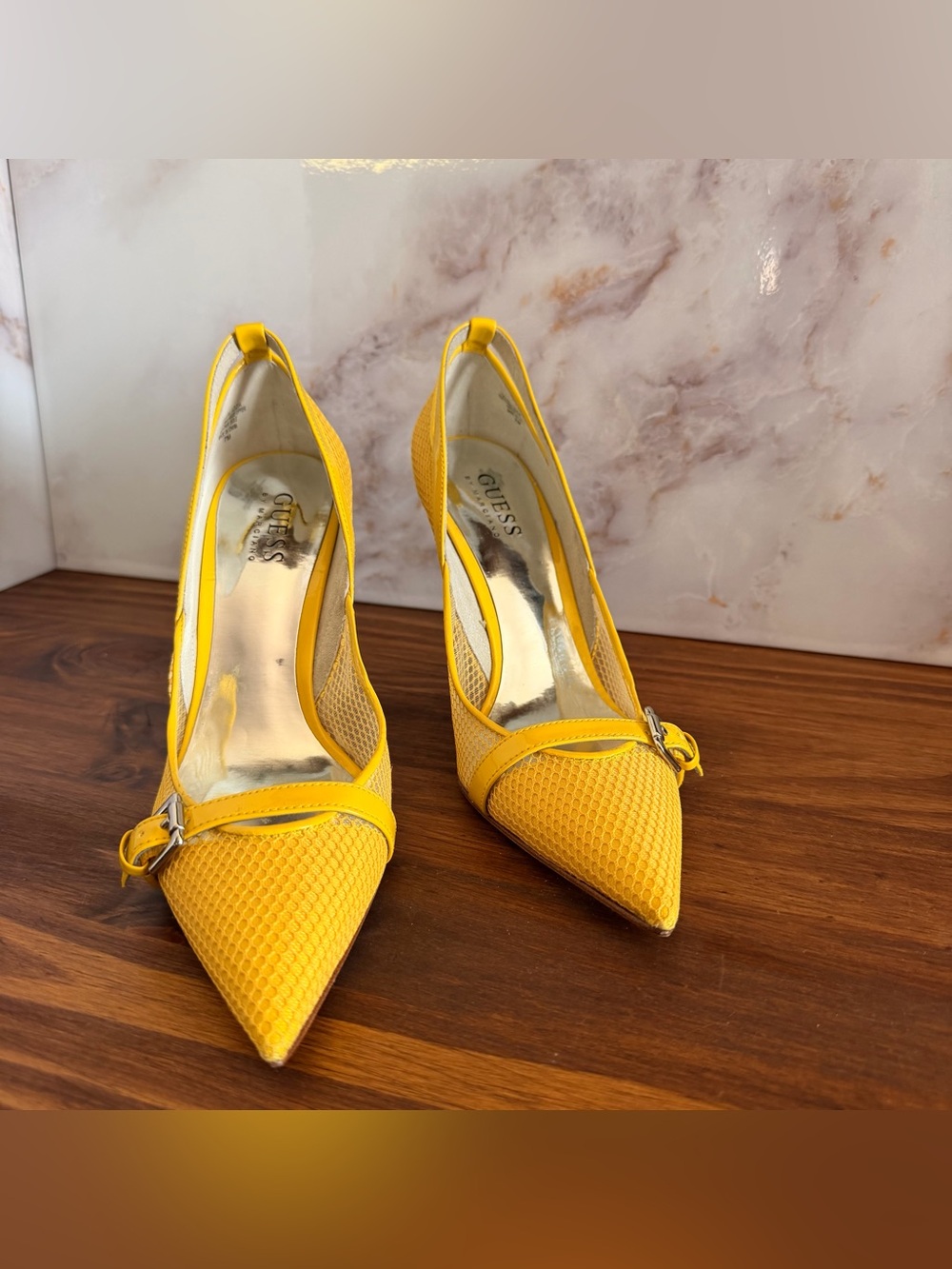GUESS Bright Yellow Pointed Slingback Heels with Buckle